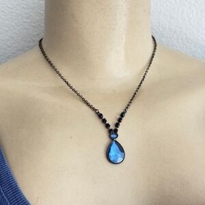 Ocean Blue Teardrop Pendant Necklace 16" Gothic Victorian Crystal Gunmetal Chain